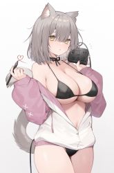 Rule 34 | 1girl, animal ears, arms up, banned artist, bare shoulders, bikini, black bikini, breasts, cat ears, cat girl, cat tail, grey hair, hair between eyes, halterneck, heart, highres, holding, large breasts, looking at viewer, muryotaro, navel, open clothes, original, pen, ribbon, simple background, string bikini, swimsuit, tail, underwear, yellow eyes