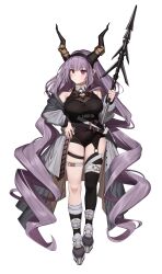 Rule 34 | 1girl, absurdres, arknights, arrow (projectile), asymmetrical legwear, bare shoulders, belt, black hairband, black shirt, black thighhighs, breasts, cleavage, commentary request, demon horns, drill hair, full body, grey jacket, hairband, hand on own hip, hand up, highres, holding, holding arrow, horns, jacket, korean commentary, large breasts, long hair, long sleeves, looking at viewer, off shoulder, open clothes, purple eyes, purple hair, shirt, sidelocks, simple background, single thighhigh, sleeveless, sleeveless shirt, soda (sod4), solo, standing, thigh belt, thigh strap, thighhighs, typhon (arknights), uneven legwear, very long hair, white background