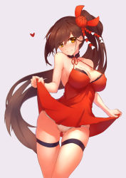 Rule 34 | 1girl, absurdres, azur lane, bare arms, bare shoulders, blush, breasts, brown hair, cleavage, closed mouth, clothes lift, collarbone, covered erect nipples, cowboy shot, dress, dress lift, flower, gluteal fold, grey background, hair flower, hair ornament, hair ribbon, halter dress, halterneck, highres, large breasts, lifting own clothes, long hair, looking at viewer, ninsaki (9saki), panties, pantyshot, ponytail, red ribbon, ribbon, simple background, skindentation, smile, solo, spider lily, standing, thigh gap, thigh strap, thighs, underwear, upskirt, very long hair, white panties, yellow eyes, zuikaku (azur lane)