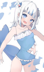 Rule 34 | 1girl, :o, bad id, bad pixiv id, bare arms, bare shoulders, bikini, blue camisole, blue eyes, blue hair, blunt bangs, camisole, clothing cutout, cowboy shot, fang, fins, fish tail, frilled bikini, frilled swimsuit, frills, gawr gura, hair ornament, highres, hololive, hololive english, light blush, looking at viewer, medium hair, midriff peek, multicolored hair, navel, open mouth, outstretched arms, shark girl, shark hair ornament, shark tail, side cutout, silver hair, simple background, skin fang, sleeveless, solo, stomach cutout, streaked hair, swimsuit, tail, two side up, uica, virtual youtuber