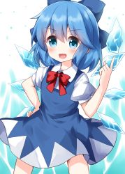 Rule 34 | 1girl, blue bow, blue dress, blue eyes, blue hair, bow, bowtie, cirno, cowboy shot, dress, hair between eyes, hair bow, hand on own hip, highres, ice, ice background, ice crystal, ice wings, index finger raised, looking at viewer, medium hair, open mouth, pointing, puffy short sleeves, puffy sleeves, red bow, red bowtie, ruu (tksymkw), shirt, short sleeves, smile, solo, standing, touhou, v-shaped eyebrows, white background, white shirt, wings