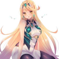 Rule 34 | 1girl, bare shoulders, black pantyhose, blonde hair, breasts, chest jewel, cleavage, dress, earrings, elbow gloves, gem, gloves, headpiece, jewelry, large breasts, long hair, looking at viewer, misosio uma, mythra (massive melee) (xenoblade), mythra (xenoblade), nintendo, pantyhose, solo, super smash bros., swept bangs, tiara, very long hair, white dress, xenoblade chronicles (series), xenoblade chronicles 2, yellow eyes