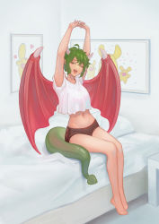 Rule 34 | 1girl, ;p, absurdres, carbuncle (puyopuyo), draco centauros, drelouder, green hair, highres, horns, navel, one eye closed, open mouth, pajamas, puyopuyo, short hair, shorts, smile, solo, stretching, tail, tongue, tongue out, underwear, wings, yellow eyes
