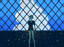 Rule 34 | 1other, androgynous, backlighting, bad id, bad twitter id, black necktie, black shorts, blue sky, cloud, cloudy sky, crystal hair, feet out of frame, gem uniform (houseki no kuni), golden arms, green hair, highres, houseki no kuni, looking at viewer, necktie, phosphophyllite, puffy short sleeves, puffy sleeves, sasakisasa27, short hair, short shorts, short sleeves, shorts, sky, solo, sparkle, spoilers, wide shot