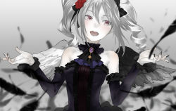 Rule 34 | 10s, 1girl, bare shoulders, black wings, blush, detached sleeves, dress, drill hair, flower, hair flower, hair ornament, hair ribbon, idolmaster, idolmaster cinderella girls, kanzaki ranko, long hair, nail polish, open mouth, red eyes, redjuice, revision, ribbon, silver hair, sleeveless, sleeveless dress, smile, solo, twin drills, twintails, wings