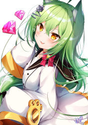 Rule 34 | 1girl, absurdres, ahoge, akashi (azur lane), animal ear fluff, animal ears, azur lane, bell, black bow, black sailor collar, blush, bow, brown eyes, cat ears, commentary request, dress, gem, green hair, hair bell, hair between eyes, hair bow, hair ornament, hand up, heart, highres, jingle bell, long hair, long sleeves, looking at viewer, nenobi (nenorium), parted lips, red bow, red gemstone, revision, sailor collar, sailor dress, signature, sleeves past fingers, sleeves past wrists, smile, solo, very long hair, white background, white dress