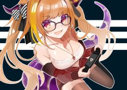 Rule 34 | 1girl, bare shoulders, bespectacled, black-framed eyewear, black background, black ribbon, black thighhighs, blonde hair, blush, bow, breasts, camisole, cleavage, collarbone, diagonal-striped bow, dragon girl, dragon horns, dragon tail, fang, foot out of frame, frilled camisole, frills, glasses, hair ribbon, handheld game console, holding, holding handheld game console, hololive, horn bow, horn ornament, horns, jacket, jewelry, kiryu coco, kiryu coco (loungewear), large breasts, long hair, long sleeves, looking at viewer, looking up, multicolored eyes, multicolored hair, no shoes, off shoulder, official alternate costume, open clothes, open jacket, open mouth, orange hair, outline, partially unzipped, pendant, pointy ears, purple eyes, red eyes, red jacket, ribbon, shirt, sidelocks, simple background, sitting, skin fang, skindentation, sleeveless, sleeveless shirt, solo, spaghetti strap, streaked hair, striped, striped background, striped bow, tail, thighhighs, track jacket, twintails, uehara (dormmmmir ), virtual youtuber, wariza, white camisole, white outline