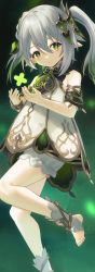 Rule 34 | 1girl, :/, absurdres, bare shoulders, blurry, blurry background, bracelet, cross-shaped pupils, detached sleeves, dress, feet, foot out of frame, genshin impact, gold trim, green background, green eyes, green hair, green sleeves, hair between eyes, hands up, highres, jewelry, long hair, looking at viewer, moonlaw, multicolored hair, nahida (genshin impact), pointy ears, ponytail, short dress, short sleeves, shorts, side ponytail, sidelocks, sleeveless, sleeveless dress, socks, stirrup legwear, symbol-shaped pupils, thighs, toeless legwear, toes, two-tone hair, white dress, white shorts, white socks