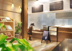 Rule 34 | 1girl, artist request, black hair, blurry, blurry foreground, cafe, commentary, counter, dress, english commentary, fukumaru koito, highres, idolmaster, idolmaster shiny colors, indoors, kneehighs, menu board, people, plaid, plaid dress, plant, potted plant, restaurant, socks, twintails