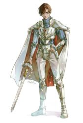 Rule 34 | 1boy, armor, boots, breastplate, brown eyes, brown hair, cape, closed mouth, commentary, faulds, fire emblem, fire emblem: thracia 776, full body, highres, holding, holding sword, holding weapon, leif (fire emblem), looking at viewer, male focus, negi (fufufuyu), nintendo, pants, serious, short hair, shoulder armor, simple background, solo, standing, sword, twitter username, weapon, white armor, white background, white cape, white footwear, white pants