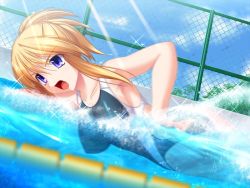 Rule 34 | 1girl, armpits, blonde hair, blue eyes, breasts, brown hair, chain-link fence, cloud, collarbone, competition swimsuit, covered erect nipples, day, dutch angle, fence, game cg, ishii akira, lane line, large breasts, light rays, motion blur, non-web source, one-piece swimsuit, open mouth, outdoors, ponytail, pool, sky, solo, sparkle, splashing, suisui -sweetheart swimmer-, sunbeam, sunlight, swimming, swimsuit, uchiki medaka, underwater, water, waves