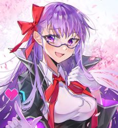 Rule 34 | 1girl, air (98061035), bb (fate), bb (fate/extra), black coat, black skirt, blush, breasts, cherry blossoms, coat, collared shirt, fate/extra, fate/extra ccc, fate (series), glasses, gloves, hair ribbon, heart, high-waist skirt, highres, index finger raised, large breasts, long hair, long sleeves, looking at viewer, neck ribbon, open clothes, open coat, open mouth, popped collar, purple eyes, purple hair, red ribbon, ribbon, semi-rimless eyewear, shirt, skirt, smile, solo, under-rim eyewear, very long hair, white gloves, white shirt, wide sleeves