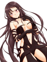 Rule 34 | 1girl, bare shoulders, black choker, black dress, black gloves, blush, breasts, brown hair, center opening, choker, closed mouth, collarbone, dress, ear piercing, earrings, fate/grand order, fate (series), gloves, highres, jewelry, long hair, looking at viewer, medium breasts, multiple earrings, navel, piercing, red eyes, revealing clothes, sin-go, solo, strapless, strapless dress, thighs, very long hair, yu mei-ren (fate)