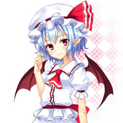 Rule 34 | 1girl, bat wings, blue hair, checkered background, hat, junior27016, mob cap, pointy ears, red eyes, remilia scarlet, short hair, smile, solo, touhou, wings