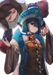 Rule 34 | 1girl, black gloves, black hair, blue headwear, breasts, chinese clothes, yu mei-ren (fate), doll, fate/grand order, fate (series), fingerless gloves, gem, gloves, hair between eyes, hair ornament, hair over one eye, hair stick, long sleeves, looking at viewer, medium hair, mole, mole under eye, simple background, small breasts, smile, solo, straight hair, tassel, white background, wide sleeves, wujiemang, xu fu (fate)