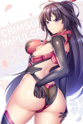 1girl adjusting_clothes arched_back ass benghuai_xueyuan black_gloves black_thighhighs blush braid breasts closed_mouth cowboy_shot elbow_gloves female_focus floral_background frown gloves grabbing_own_ass guardian-panda highres honkai_(series) long_hair looking_at_viewer medium_breasts petals ponytail purple_eyes purple_hair raiden_mei raiden_mei_(crimson_impulse) revealing_clothes shiny_skin side_braid solo standing thighhighs twisted_torso very_long_hair