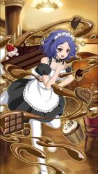 Rule 34 | 10s, 1girl, :d, alternate costume, apron, black dress, blue hair, chess belle, chocolate, choker, collarbone, dress, enmaided, frilled apron, frills, indoors, leg up, looking at viewer, maid, maid headdress, open mouth, owari no seraph, pantyhose, red eyes, short dress, smile, solo, white apron, white pantyhose