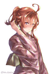 Rule 34 | 1girl, ahoge, alternate costume, alternate hairstyle, arashi (kancolle), bad id, bad pixiv id, closed mouth, commentary request, hair between eyes, japanese clothes, juurouta, kantai collection, kimono, long hair, looking at viewer, orange hair, ponytail, purple eyes, simple background, solo, twitter username, white background, yukata
