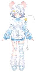 Rule 34 | 1girl, absurdres, ahoge, akuma (ogino-m), animal ear fluff, animal ears, apron, armband, azuki (stardust project), bandaid, bandaid hair ornament, bandaid on leg, blue footwear, blue jacket, blue ribbon, blue thighhighs, blush, bottle, cheese, cheese hair ornament, colored eyelashes, expressionless, food, food-themed hair ornament, frilled apron, frills, full body, gauze on knee, hair ornament, hair over one eye, heart, heart ahoge, highres, jacket, kneehighs, long sleeves, looking at viewer, loose socks, milk bottle, mole, mole under eye, mouse ears, mouse girl, mouse tail, official art, puffy long sleeves, puffy sleeves, red eyes, ribbon, short hair, single thighhigh, skindentation, sleeves past wrists, socks, solo, standing, stardust project, straight-on, striped clothes, striped socks, striped thighhighs, syringe hair ornament, tachi-e, tail, tail ornament, tail ribbon, thigh strap, thighhighs, track jacket, transparent background, two-tone thighhighs, vertical-striped clothes, vertical-striped socks, virtual youtuber, white apron, white armband, white hair, white socks, white thighhighs, wing hair ornament, x hair ornament