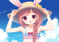 Rule 34 | 1girl, animal ears, arms up, bare arms, bare shoulders, braid, brown hair, chitosezaka suzu, cloud, commentary request, day, ears through headwear, flower, hair over shoulder, hands on headwear, hat, holding, holding clothes, holding hat, long hair, looking at viewer, open mouth, original, outdoors, rabbit ears, red eyes, single braid, sky, solo, straw hat, sunflower, swimsuit, upper body