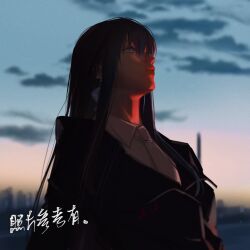 Rule 34 | 1girl, black coat, chinese commentary, chinese text, cloud, coat, collared shirt, commentary request, dusk, earrings, horizon, jewelry, long hair, miix777, necktie, outdoors, path to nowhere, rahu (path to nowhere), shirt, solo, translation request, upper body, white necktie, white shirt