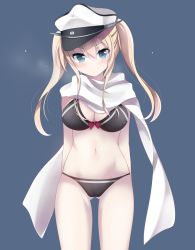 Rule 34 | 10s, 1girl, alternate costume, bikini, black bikini, blonde hair, blue background, blue eyes, blush, bow, bow bikini, breasts, breath, cleavage, cowboy shot, eyebrows, gluteal fold, graf zeppelin (kancolle), hair between eyes, hat, ichiyou moka, kantai collection, large breasts, legs apart, long hair, looking at viewer, peaked cap, red bow, scarf, simple background, solo, swimsuit