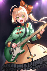 Rule 34 | 1girl, ahoge, blonde hair, blush, breasts, fate/grand order, fate (series), green eyes, green shirt, guitar, hair between eyes, hair intakes, hair ornament, highres, instrument, large breasts, long hair, long sleeves, looking at viewer, nero claudius (fate), nero claudius (fate) (all), nero claudius (lostroom outfit) (fate), official alternate costume, open mouth, orange skirt, plectrum, shinsaku (stan-art), shirt, side ponytail, skirt, smile, solo