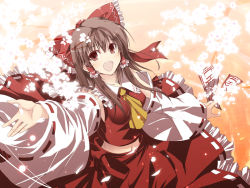 Rule 34 | 1girl, ascot, black hair, bow, brown eyes, cherry blossoms, detached sleeves, female focus, from above, hair bow, hakurei reimu, japanese clothes, long hair, looking up, miko, navel, ofuda, open mouth, outstretched arm, outstretched hand, petals, satomi (black scarecrow), smile, solo, touhou