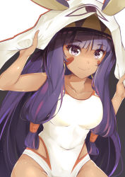 Rule 34 | 1girl, absurdres, bad id, bad pixiv id, collarbone, covered navel, dark-skinned female, dark skin, earrings, facial mark, fate/grand order, fate (series), groin, highres, hoop earrings, jewelry, long hair, nitocris (fate), nitocris (fate/grand order), nitocris (swimsuit assassin) (fate), nitocris (swimsuit assassin) (second ascension) (fate), one-piece swimsuit, purple eyes, purple hair, smile, swimsuit, white background, wht innov