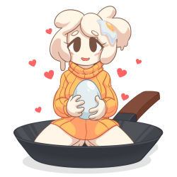 Rule 34 | 1girl, borrowed character, commentary, dress, egg, egg (food), english commentary, food, frying pan, heart, highres, kneeling, open mouth, original, personification, seiza, sitting, smile, solo, sunny side up egg, sweater, sweater dress, turtleneck, turtleneck sweater, twistedgrim