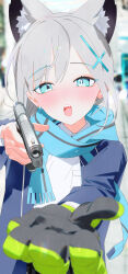 Rule 34 | 1girl, absurdres, aiming, aiming at viewer, animal ear fluff, animal ears, aqua scarf, blue archive, blue jacket, blurry, blurry background, blush, bm tol, extra ears, fangs, gloves, grey hair, gun, halo, handgun, highres, holding, holding gun, holding weapon, jacket, looking at viewer, mismatched pupils, reaching, scarf, shiroko (blue archive), single glove, solo, upper body, weapon, wolf ears