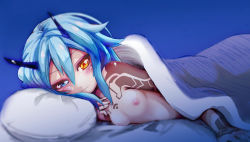 Rule 34 | 1girl, bed, bed sheet, blue background, blue eyes, blue hair, blurry, blush, breasts, depth of field, deuman, female focus, flipped hair, hair between eyes, hand on own chest, heterochromia, horns, indoors, io (pso2), light smile, looking at viewer, lying, matching hair/eyes, naked sheet, nipples, nude, on side, orange eyes, phantasy star, phantasy star online 2, pillow, sidelocks, simple background, small breasts, smile, solo, tattoo, under covers, upper body, wisespeak, yellow eyes