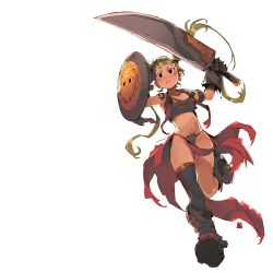 Rule 34 | 1girl, andrewcockroach, armor, black eyes, blush, boots, closed mouth, comic, concept art, drawing, fantasy, female pubic hair, frown, full body, gauntlets, green hair, grey thighhighs, holding, holding shield, holding sword, holding weapon, japan, long hair, navel, original, pelvic curtain, photoshop (medium), pubic hair, shield, simple background, solo, sword, thighhighs, twintails, weapon, white background