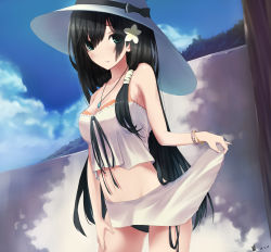 Rule 34 | 1girl, absurdres, bad id, bad pixiv id, black hair, blush, bow, bracelet, cloud, copyright request, dated, day, flower, flower on head, green eyes, hair flower, hair ornament, hat, highres, jewelry, long hair, necklace, original, outdoors, shui dao ziran xing, sky, solo