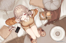 Rule 34 | 1girl, animal print, armpits, bed, braid, breasts, brown hair, brown tank top, cellphone, cleavage, coffee mug, cookie, cup, double bun, food, french braid, from above, furen e lustario, hair bun, jacket, jewelry, large breasts, looking at viewer, mug, necklace, nijisanji, off shoulder, official alternate costume, official alternate hairstyle, one eye closed, open mouth, orange jacket, phone, pillow, plate, red-framed eyewear, red eyes, ryou (rl), shorts, sidelocks, sitting, slippers, smartphone, solo, tank top, tray, virtual youtuber