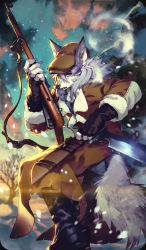 Rule 34 | 1boy, black gloves, breath, brown coat, brown hat, coat, craft essence (fate), fate/grand order, fate (series), fingerless gloves, furry, furry male, gloves, hat, knife, male focus, murayama ryota, official art, open mouth, patxi (fate), solo, wolf