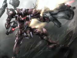 Rule 34 | armored core, armored core: for answer, armored core 4, bad id, bad pixiv id, character request, dual wielding, from software, glowing, glowing eyes, gun, holding, mecha, no humans, rifle, robot, weapon, zenmai iguana