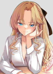 Rule 34 | 1girl, azur lane, blonde hair, blue eyes, closed mouth, collarbone, desk, duplicate, earrings, hair intakes, hair ribbon, hand on own chin, hand on table, head rest, jewelry, light blush, lips, long hair, looking at viewer, partially unbuttoned, pixel-perfect duplicate, ribbon, schreibe shura, shirt, simple background, smile, solo, table, upper body, vanguard (azur lane), white shirt