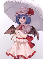Rule 34 | 1girl, arms up, ascot, bad id, bad pixiv id, bat wings, blue hair, blush, commentary, cowboy shot, fang, frilled skirt, frills, gradient background, grey background, hair between eyes, hat, hat ribbon, highres, holding, holding umbrella, looking at viewer, mob cap, open mouth, pink shirt, pink skirt, puffy short sleeves, puffy sleeves, red ascot, red eyes, remilia scarlet, ribbon, shirt, short hair, short sleeves, simple background, skin fang, skirt, skirt set, smile, solo, standing, tem, touhou, umbrella, wings, wrist cuffs