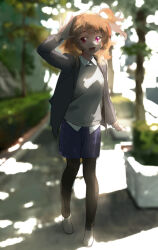 Rule 34 | 1girl, :d, black pantyhose, blonde hair, blue skirt, blurry, blurry background, brown hair, character request, collared shirt, copyright request, dappled sunlight, day, depth of field, full body, highres, jacket, long hair, long sleeves, looking at viewer, nanbo ataru (attall), one side up, open clothes, open jacket, open mouth, outdoors, painttool sai (medium), pantyhose, photoshop (medium), pink eyes, red eyes, shirt, skirt, smile, solo, standing, sunlight, tree, white footwear, white shirt