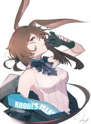 Rule 34 | 1girl, absurdres, amiya (arknights), animal ears, arknights, arm up, ascot, black gloves, breasts, brown hair, chinese commentary, clothes writing, commentary request, cropped torso, gloves, halterneck, head tilt, highres, jacket, long hair, looking at viewer, medium breasts, mooofoo, off shoulder, open mouth, rabbit girl, shirt, sideways glance, signature, simple background, sleeveless, sleeveless shirt, solo, upper body, white background, white shirt