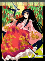 Rule 34 | 1girl, bird, black hair, female focus, houraisan kaguya, japanese clothes, long hair, michii yuuki, plant, sky, solo, touhou