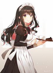 Rule 34 | 1girl, alternate costume, apron, black dress, black hair, cake, commentary request, cowboy shot, cup, dress, enmaided, food, frilled apron, frills, gradient background, grey background, hiiragi souren, kantai collection, long hair, looking at viewer, maid, maid headdress, multicolored hair, naganami (kancolle), pink hair, smile, solo, tray, two-tone hair, wavy hair, white apron, yellow eyes