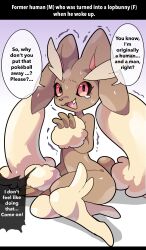 Rule 34 | 1girl, animal nose, black sclera, body fur, brown fur, colored sclera, creatures (company), english text, fang, female focus, furry, furry female, game freak, gen 4 pokemon, genderswap, genderswap (mtf), gradient background, hand up, hard-translated, highres, imaat, letterboxed, looking at viewer, lopunny, mars symbol, nervous, nervous smile, nintendo, open mouth, pokemon, pokemon (creature), purple background, rabbit ears, rabbit girl, rabbit tail, red eyes, simple background, sitting, smile, solo, speech bubble, tears, text focus, third-party edit, trembling, two-tone fur, venus symbol, wide-eyed, yellow fur, yokozuwari