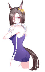 Rule 34 | 1girl, absurdres, air groove (umamusume), animal ears, ass, asymmetrical bangs, blue eyes, breasts, brown hair, closed mouth, clothing cutout, cropped legs, dirty, highres, holding, holding towel, horse ears, horse girl, horse tail, looking at viewer, looking to the side, medium breasts, one-piece swimsuit, one eye closed, purple one-piece swimsuit, romi (346 ura), school swimsuit, short hair, simple background, solo, swimsuit, tail, tail through clothes, towel, tracen swimsuit, umamusume, v-shaped eyebrows, white background