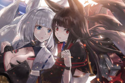 2girls akagi_(azur_lane) animal_ears azur_lane bad_id bad_pixiv_id black_kimono blue_eyes breasts brown_hair cherry_blossoms eyeliner fox_ears fox_girl fox_mask fox_tail groping highres japanese_clothes kaga_(azur_lane) kimono long_hair makeup mask mask_on_head multiple_girls multiple_tails red_eyes rosie99 short_hair tail white_hair white_kimono