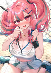 Rule 34 | 1girl, azur lane, bare shoulders, black bra, blush, bow, bra, breasts, bremerton (azur lane), bremerton (scorching-hot training) (azur lane), cleavage, crop top, crop top overhang, embarrassed, grabbing another&#039;s hair, grey hair, hair between eyes, hair bow, hair ornament, hairclip, heart, heart necklace, holding, holding own hair, jewelry, kohanayuki, large breasts, long hair, looking at viewer, mole, mole on breast, mole under mouth, multicolored hair, necklace, open mouth, outdoors, pink hair, see-through, sitting, sportswear, streaked hair, tennis uniform, twintails, two-tone hair, two-tone shirt, two-tone skirt, underwear, wet, wet clothes, x hair ornament