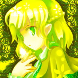 Rule 34 | 1girl, 23, 23 (candy chapus), :o, braid, colored eyelashes, female focus, flower, french braid, from side, green theme, half updo, looking at viewer, lowres, mizuhashi parsee, open mouth, pointy ears, shadow, short hair, solo, touhou, upper body