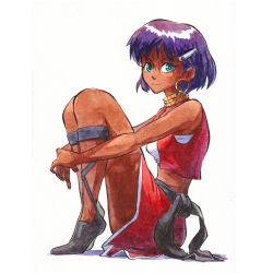 Rule 34 | 1girl, bare arms, bob cut, bracelet, closed mouth, commentary, dark-skinned female, dark skin, earrings, eyebrows hidden by hair, full body, fushigi no umi no nadia, green eyes, hair ornament, hairclip, highres, hoop earrings, hugging own legs, jewelry, loincloth, looking at viewer, midriff, mosqi, nadia la arwall, neck ring, necklace, painting (medium), pelvic curtain, purple hair, red vest, short hair, sitting, smile, solo, strapless, traditional media, tube top, vest, watercolor (medium)