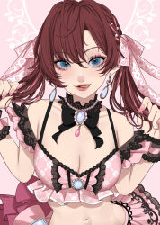 Rule 34 | 1girl, bare shoulders, bikini, blue eyes, breasts, brown hair, cleavage, collarbone, earrings, frilled bikini, frills, hair ribbon, highres, holding own hair, ichinose shiki, idolmaster, idolmaster cinderella girls, idolmaster cinderella girls starlight stage, jewelry, looking at viewer, maou (demonlord), medium breasts, navel, open mouth, pink nails, ribbon, short hair, solo, swimsuit, tongue, tongue out, twintails, wavy hair